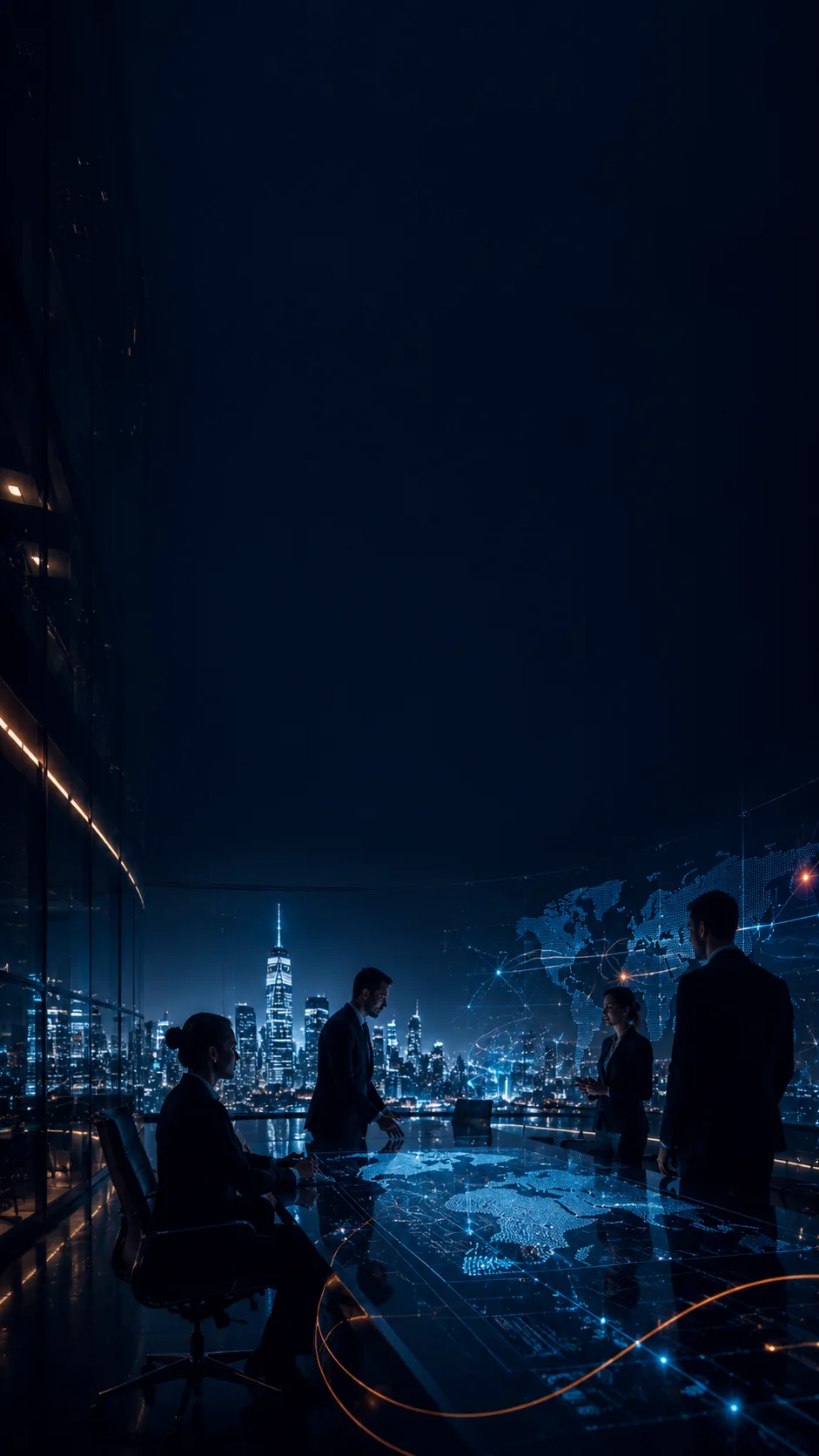 Leadership team around an illuminated digital strategy table with a world map and city skyline at night