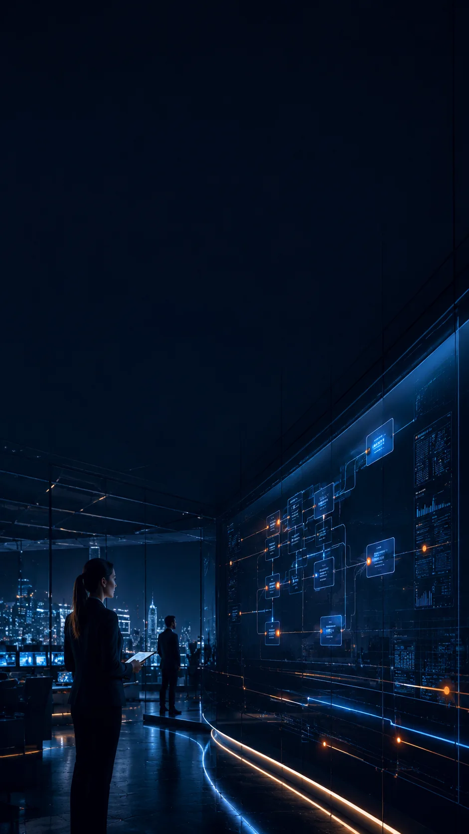 Analyst reviewing an illuminated workflow architecture wall in a dark high-rise operations room