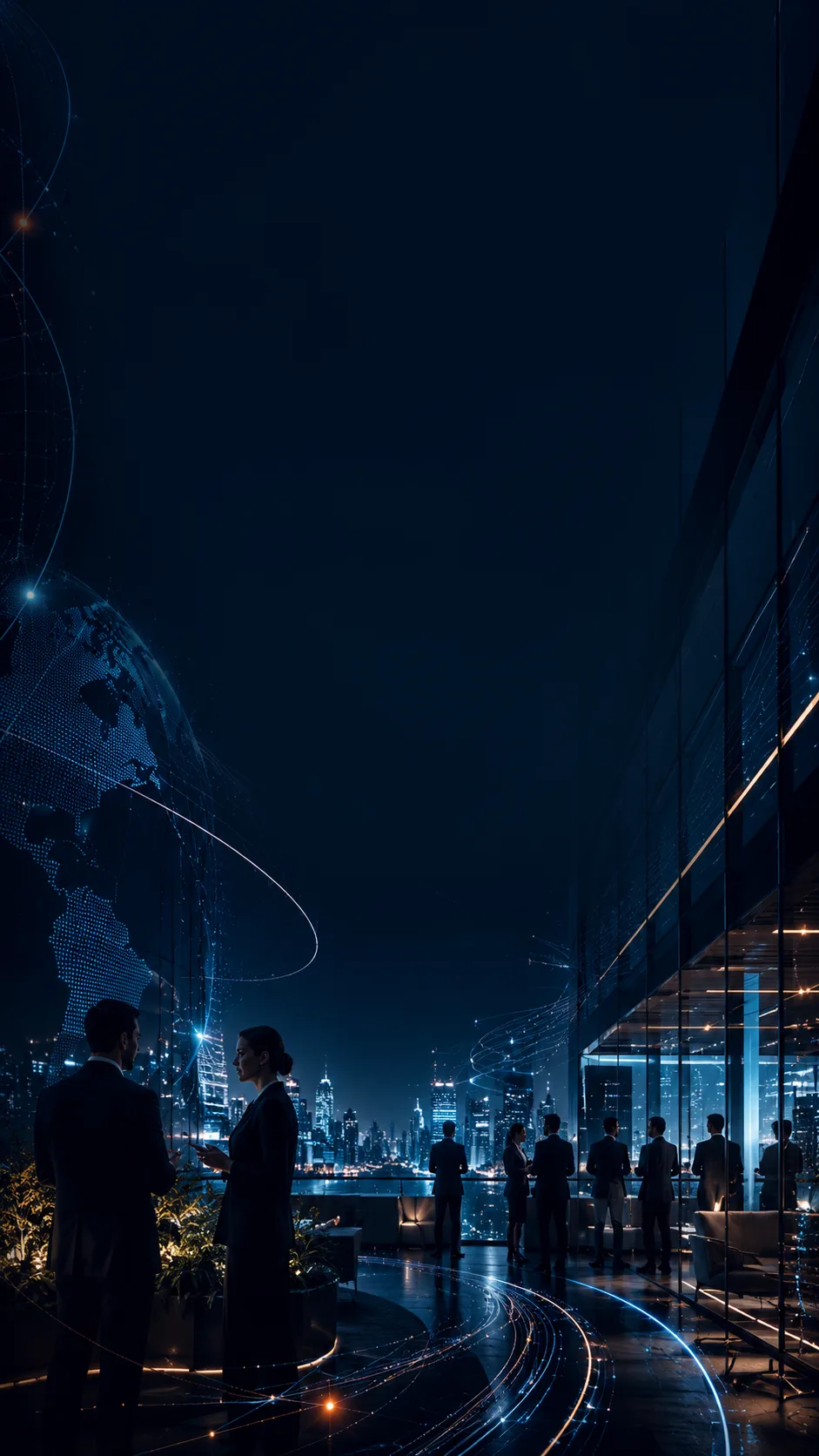 Executives on a night terrace beside a luminous global network sphere above a lit city skyline