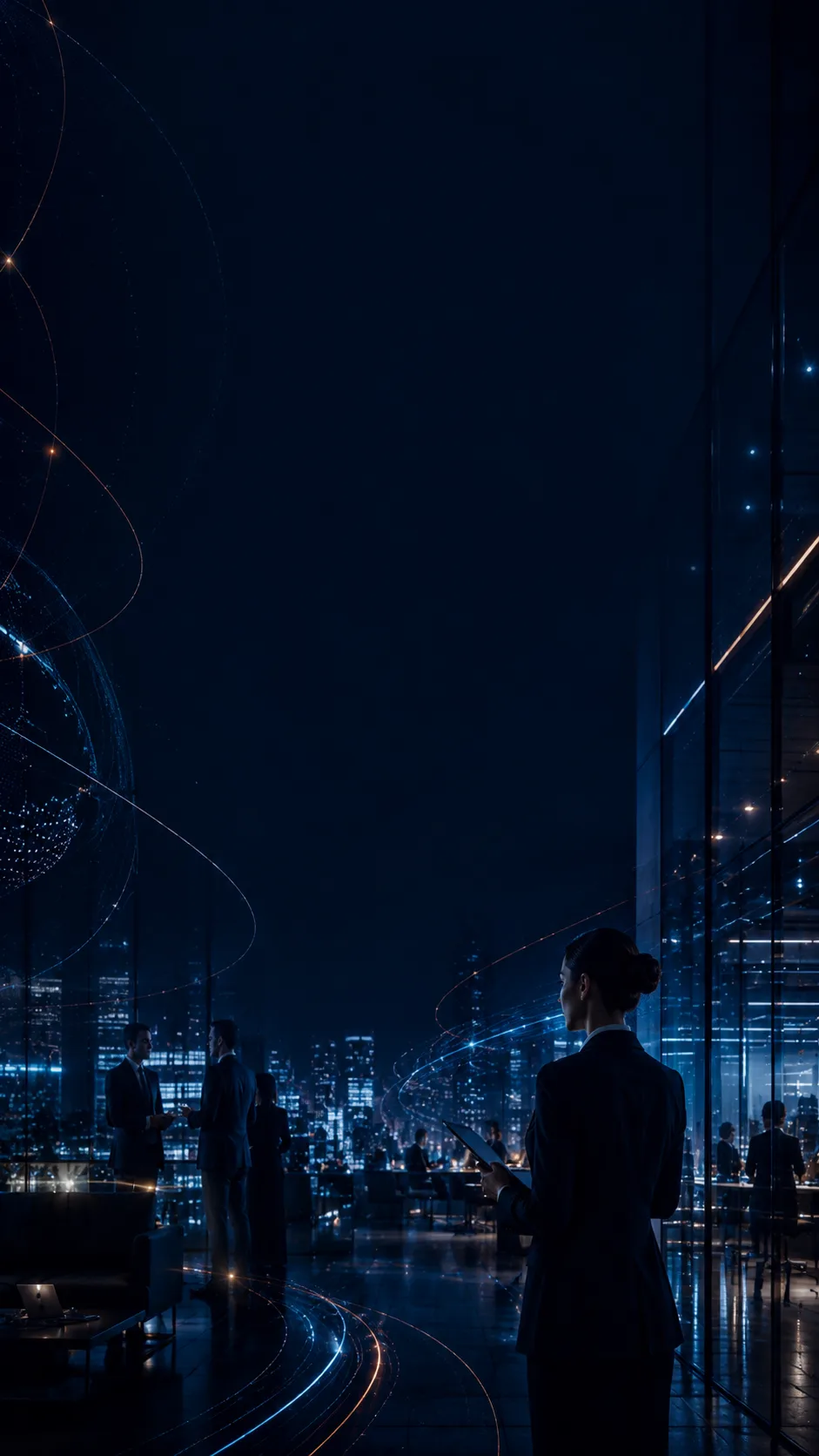 Executives conferring in a glass high-rise office at night with luminous data pathways across the floor