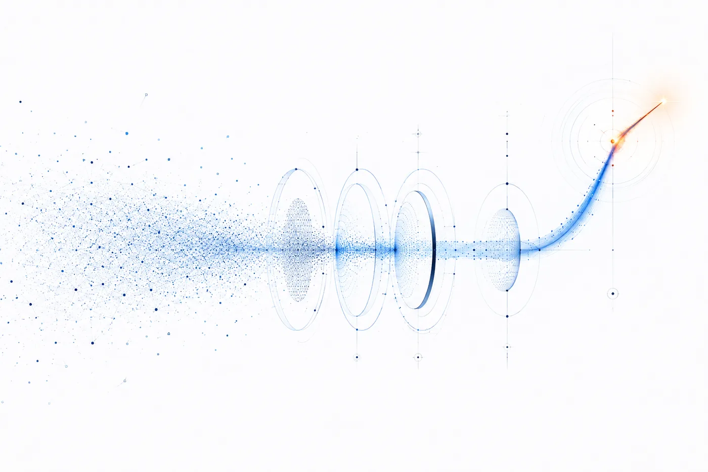 Blue particle field lifting through apertures into an upward trajectory