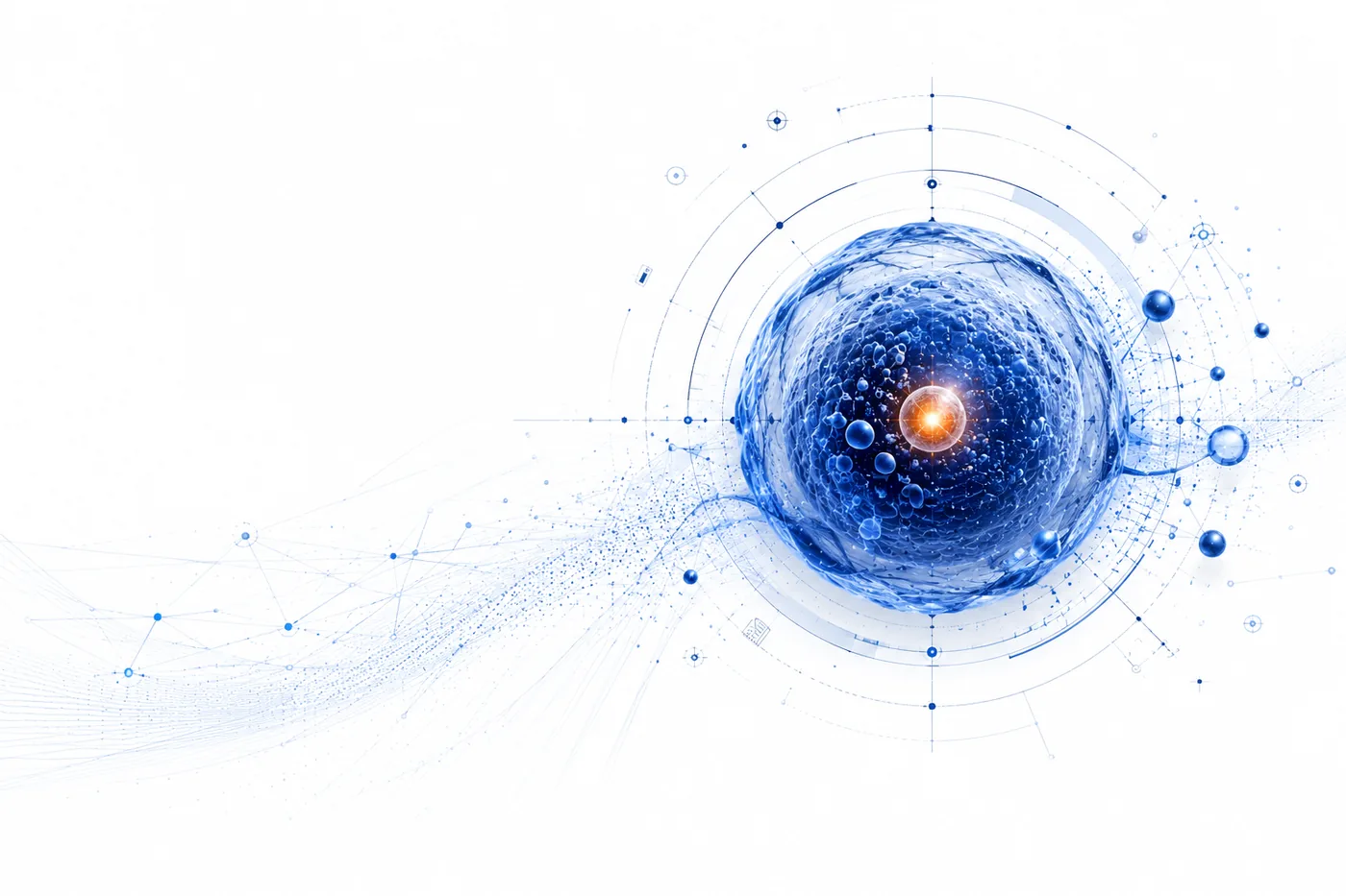 Deep blue cellular sphere with a validated orange centre and analytical rings