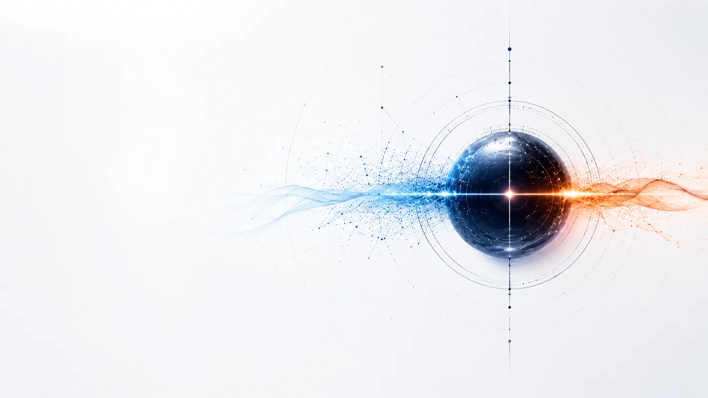 Signals converging into a single ordered core on a white field
