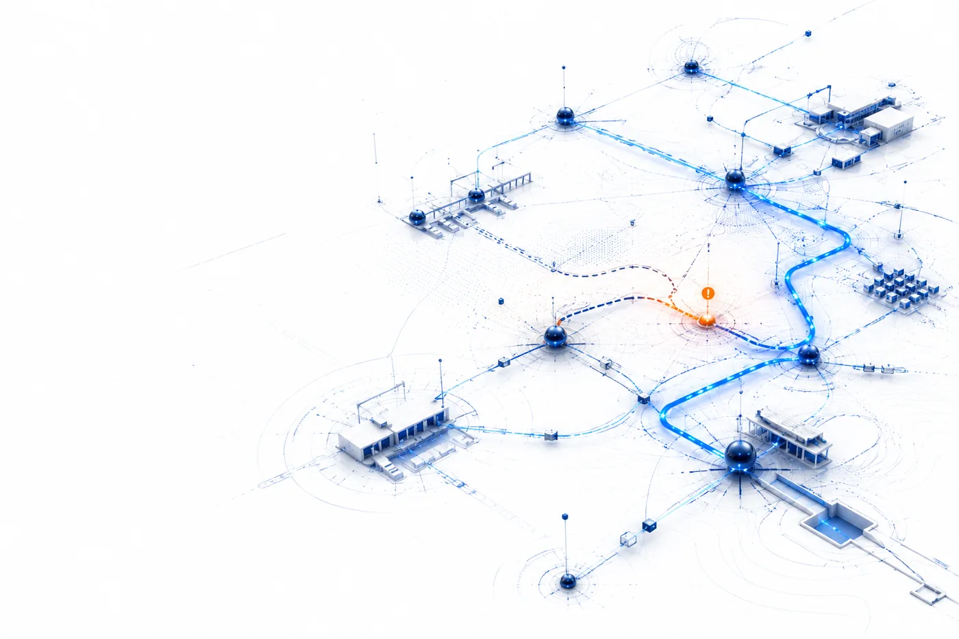 Isometric network with an optimised blue route and one orange exception point