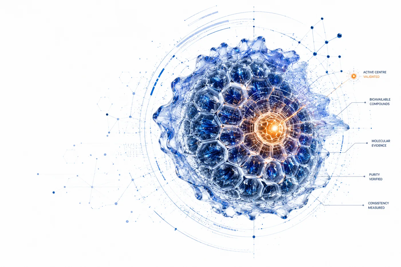A dense crystalline analytical structure with a validated orange centre on a white field